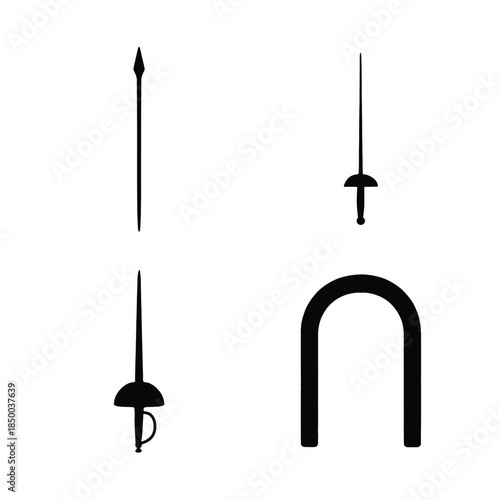 Silhouette Collection of Historical Weapons and Archery Target on White Background Keywords: weapon, sword, rapier