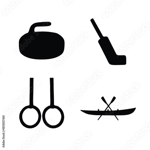 Curling stone hockey stick gymnastics rings and kayak silhouette icons Keywords: curling stone, hockey stick