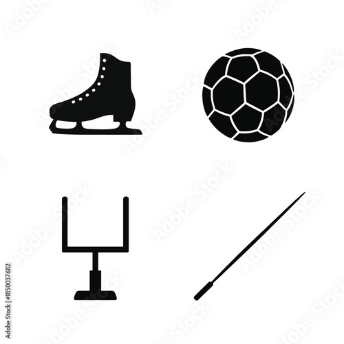Four black sport icons including an ice skate soccer ball goal and baton Keywords: ice skate, figure skate, boot