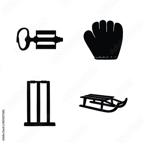 Bicycle pedal baseball glove cricket wicket and sled silhouette icons Keywords: bicycle pedal, baseball glove