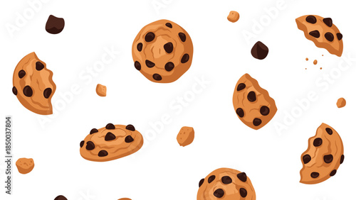 Scattered chocolate chip cookies and crumbs create a delightful and tempting visual, perfect for baking or dessert related themes.