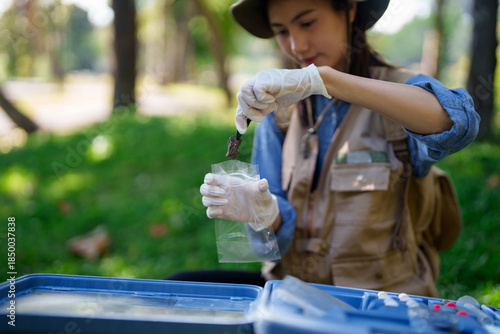 Asian adult woman botanist researcher collects soil samples during important field study for environmental analysis in a lush natural park