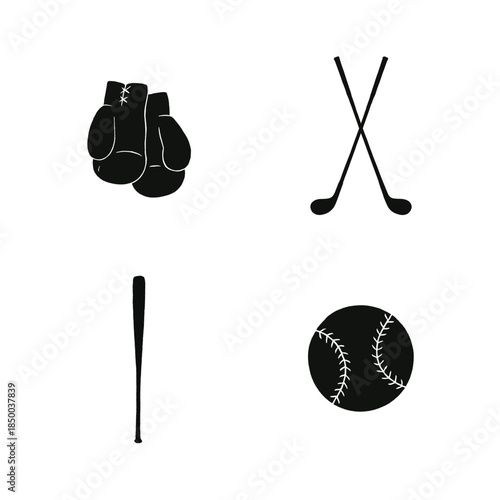 Silhouette Icons of Boxing Gloves Hockey Sticks Baseball Bat and Baseball on White Background Keywords: boxing