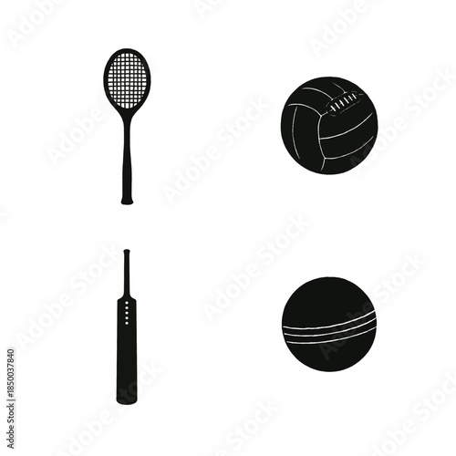 Tennis racket volleyball cricket bat and ball silhouette icons Keywords: tennis racket, volleyball, cricket bat