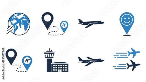Dynamic collection of sleek vector icons illustrating essential air travel and navigation concepts, including global flight paths, airport infrastructure, and happy destination markers,
