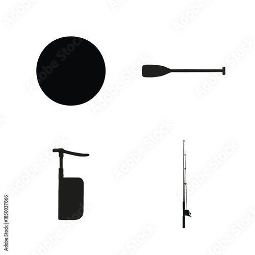Four black sport icons including a paddle and fishing rod Keywords: paddle, oar, canoe paddle, kayak paddle, sports