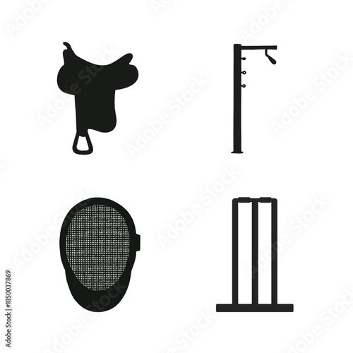 Collection of four sport equipment silhouettes on white background equestrian saddle