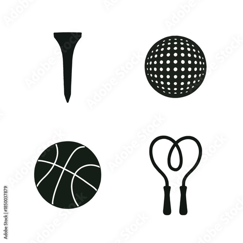Golf tee golf ball basketball and jump rope silhouette icons Keywords: golf tee, golf ball, basketball, jump rope