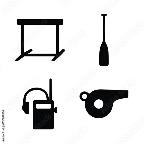Black silhouette icons of a hurdle paddle radio and whistle vector