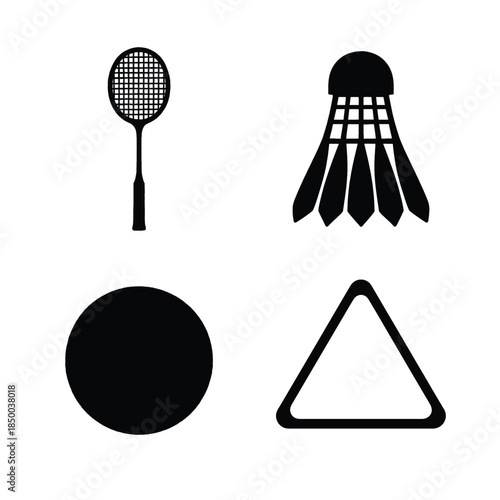 Silhouette Icons of Badminton Racket Shuttlecock Ball and Pool Triangle on White Background Keywords: badminton