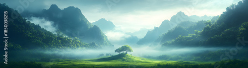 A natural landscape featuring a small hill in the center covered in trees, surrounded by lush, tree-covered mountains.