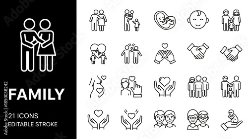 Solid Sleek Vector Line Icons Collection Representing Family Bonds, Love, Parenthood, and Human Connections, Featuring Editable Strokes for Modern Design Projects