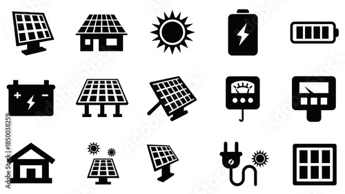 A diverse collection of solid sleek vector icons illustrating solar energy generation, renewable power sources, sustainable electricity solutions, and various technological 