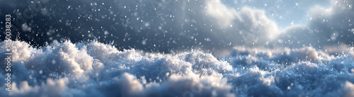 The surface of fluffy snow, with falling snow and the morning sunlight.