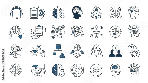 Set of sleek modern line icons representing concepts like psychology, communication, technology, and business strategies