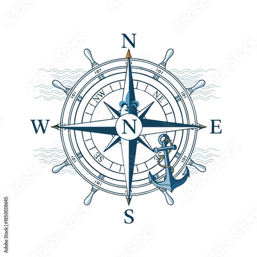 Nautical graphic with compass rose, anchor, waves, and ship's wheel, on white background