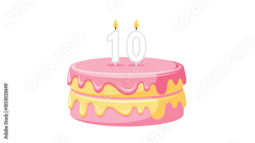 Festive two-layer birthday cake with pink and yellow frosting is decorated with candles forming the number ten, celebrating a milestone.