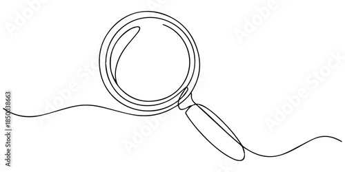Continuous one line drawing magnifying glass Editable stroke, One line drawing of a magnifying glass connected to a continuous wavy path, symbolizing search, discovery, and detailed analysis. Vector