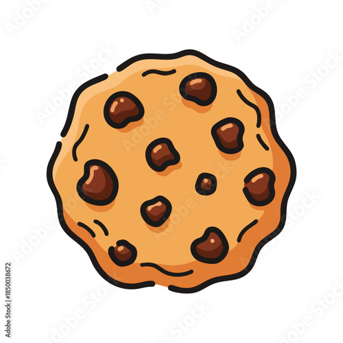 Cartoon cookie with chocolate chips, outlined in black, on a white background