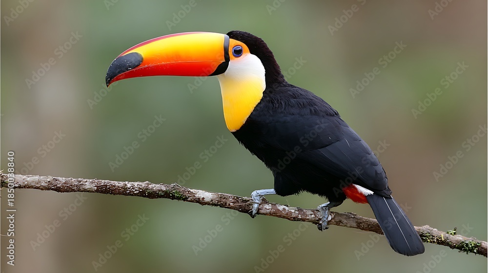 Fototapeta premium Colorful toucan perched on a branch, showcasing vibrant plumage against a blurred background