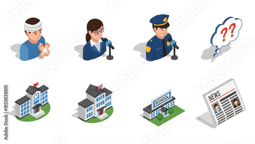 Isometric icons representing people, buildings, and a newspaper, symbolizing community, education, law enforcement, and information dissemination