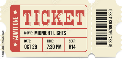 Cinema ticket. Date, time, seat.