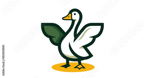 Stylized graphic of a white duck with spread wings on white background