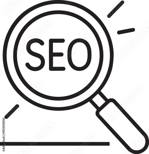 Magnifying glass over SEO text, icon for search engine optimization and analytics