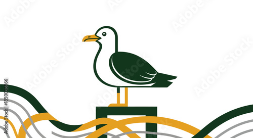 Photography Stylized graphic of seagull perched atop a square structure on white background