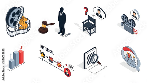 Isometric icons depicting elements of business, law, history, and technology