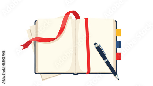 Open notebook with a red ribbon and pen suggests creativity, planning, and the opportunity to capture thoughts and ideas.