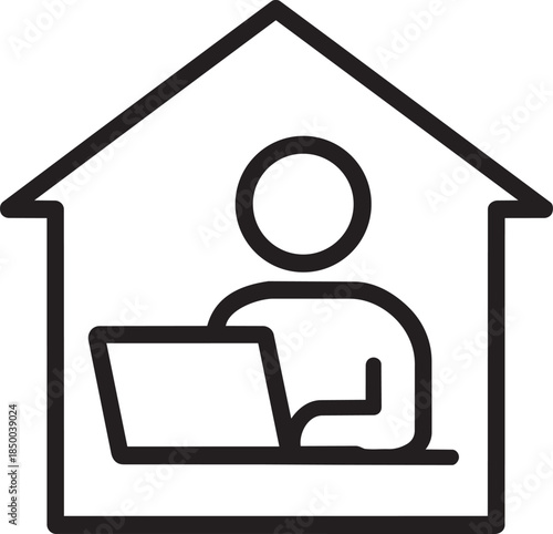 Person working on laptop inside a house, icon for remote work or home office