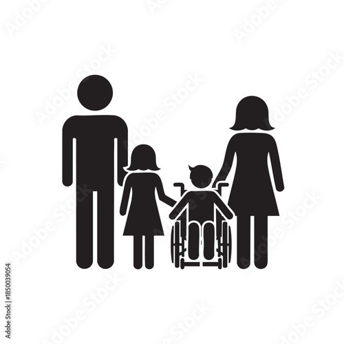 Family Illustration of Man Woman and Children with Child in Wheelchair on Transparent Background