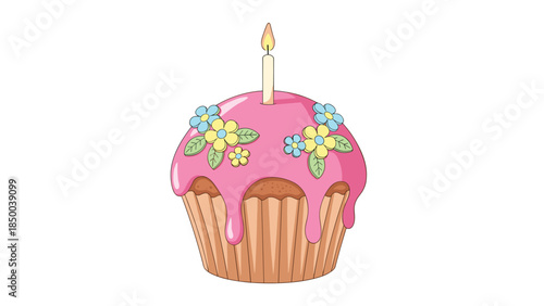 Festive pink cupcake with a lit candle and delicate floral decorations is perfect for celebrating special occasions.