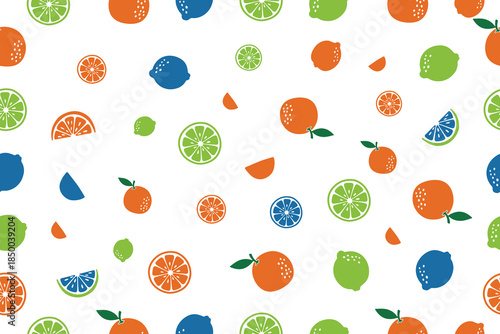 Seamless pattern of abstract citrus fruits with orange lemon and lime slices on white background