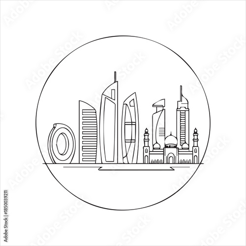 A thin-line art skyline of a modern city featuring skyscrapers and a mosque, representing an urban Middle Eastern cityscape like Dubai or Abu Dhabi.