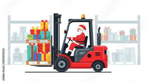 Santa claus operates a forklift carrying a pallet of colorful gifts in a warehouse preparing for christmas delivery.