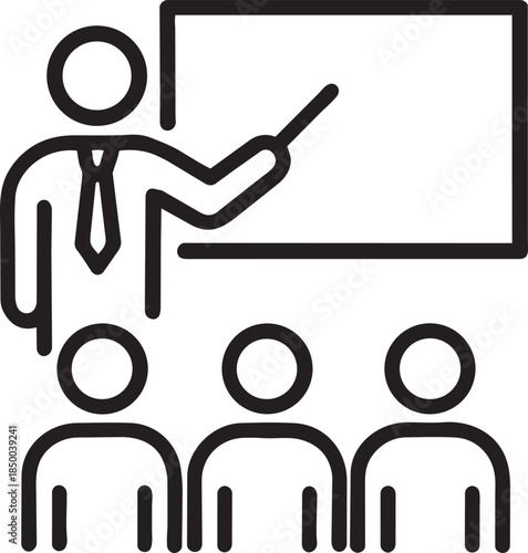 Teacher presenting on whiteboard with students listening, icon for education