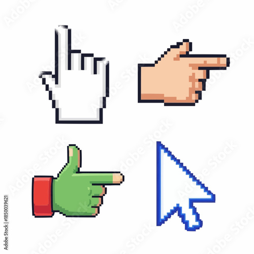 Pixel Art Cursor Icons A Collection of Four Pointing Hand and Arrow Computer Mouse Pointers in Various Styles, Perfect for Digital Design and User Interface Elements