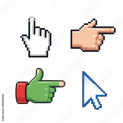 Collection of Pixelated Cursor Icons Featuring a Hand Pointing Left, a Hand Pointing Right, a Green Hand Pointing Right, and a Standard Mouse Pointer