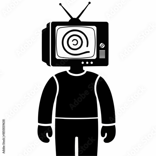 Graphic of a figure with a vintage television head, screen displaying a mesmerizing, swirling spiral, symbolizing media's hypnotic control, influence on human thought, and digital perception