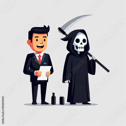 Businessman finalizes deal next to symbolic Grim Reaper, representing profound risks and ultimate consequences in corporate decisions and life's transactions