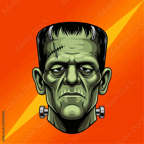 A striking and detailed illustration of Frankenstein's monster's head, rendered in a classic horror style with a vivid orange and yellow gradient background, perfect for Halloween and spooky themes