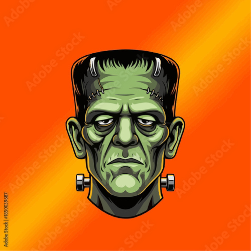 Frankenstein's Monster Portrait Illustration - A Green-Skinned Creature with Stitched Seams and Metal Bolts, Inspired by Classic Horror and Gothic Art, Perfect for Halloween and Spooky Themed Designs