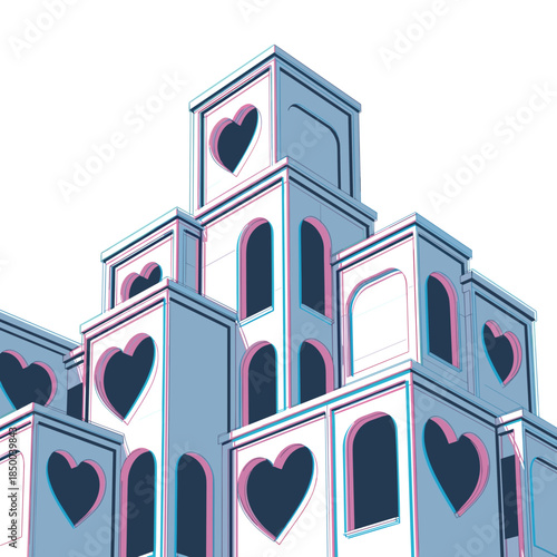 Buildings shaped like heart openings in pastel colors and modern style  