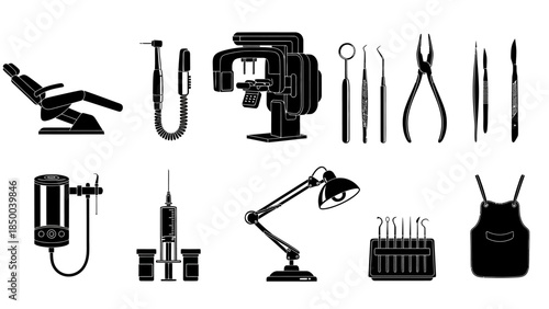 Sleek Black Silhouette Icons of Modern Dental Equipment and Professional Tools - A Comprehensive Collection for Clinic Design and Medical Graphics