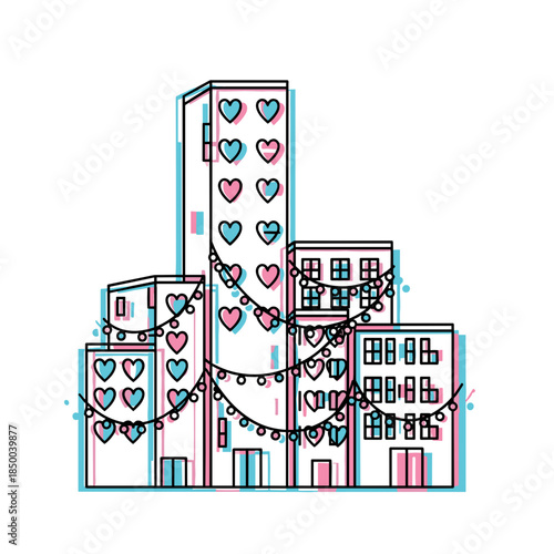 Colorful buildings adorned with heart decorations and lights  