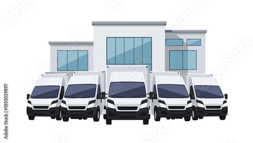 Five white delivery vans are parked in front of a modern, light gray commercial building with large windows.