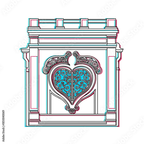 Ornate heart-shaped decorative window with intricate design details  