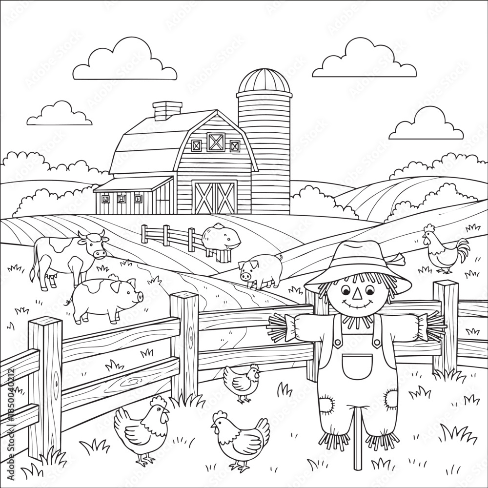 Fototapeta premium Farm Scene Coloring Illustration with Animals and Barn